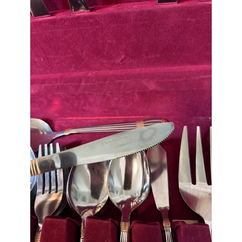 Flatware Set Silver Excellent Gold Ribbed Stainless 45+ Pc